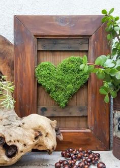 a wooden frame with a heart shaped moss on it next to nuts and other items