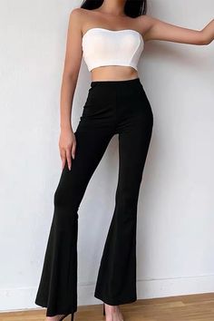 black flared trousers, high waisted flare pants, black flare pants outfit ideas, y2k style, boogzel Flare Pants Outfit Ideas, Black Flare Pants Outfit, Flare Pants Outfit, Trousers Women Outfit, Flare Pants Black, Aesthetic Plaid, Black Flared Trousers, Indie Aesthetic Outfits, Pants Outfit Ideas