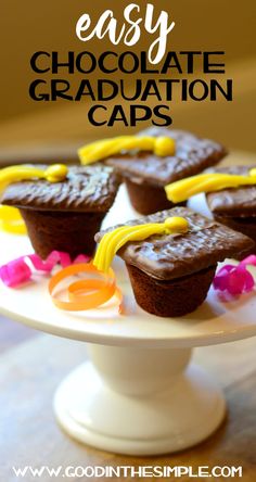 easy chocolate graduation caps on a cake plate