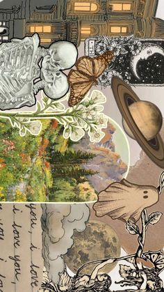 an altered collage with many different things on it's surface and in the background