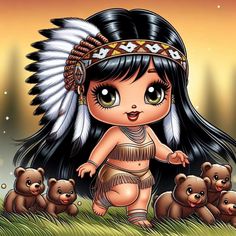 a native american girl with her teddy bears