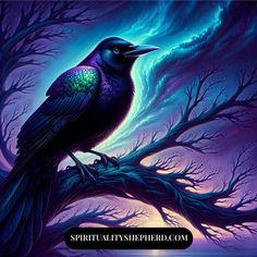 a black bird sitting on top of a tree branch in front of a purple sky