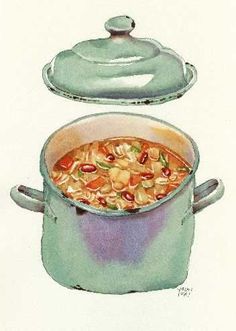 a drawing of a pot filled with food next to a casserole dish on top of a table