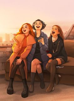 three women sitting on a couch laughing and drinking wine