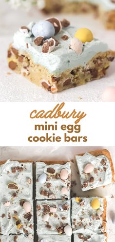 an egg cookie bar with white frosting and chocolate eggs on top is cut into squares