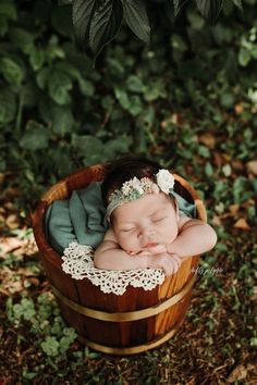 a baby is sleeping in a basket on the ground with greenery behind it,