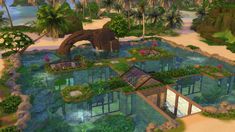 an artist's rendering of a tropical island with palm trees, rocks and water