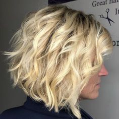 Over Shaggy Blonde Bob With Bangs Layered Curly Bob Hairstyles, Layered Curly Bob, Hairstyles For Over 50, Blonde Bob With Bangs, Butter Blonde, Wavy Bob Haircuts, Haircut Types, Wavy Bob Hairstyles, Modern Haircuts