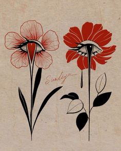 two red and black flowers with the word sunday written on them in cursive writing