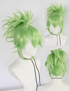 Oliva  Collar  Fibra de alta temperatura  Peruca com franja Embellished   Perucas e acessórios Light Green Wig, Green Wigs, Crunchy Hair, Drawing Hair Tutorial, Bangs Wig, Green Wig