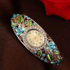 Fashion Gemstone Bracelet Watch Women's Dress Watches, Ladies Bracelet Watch, Flower Watch, Rhinestone Watches, Bracelet Watches Women, Bangle Watches, Luxury Bracelet, Womens Watches Luxury, Gold Bracelet For Women