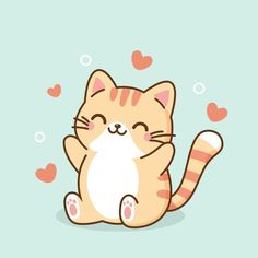 a cartoon cat sitting on the ground with its eyes closed and hearts floating in the air