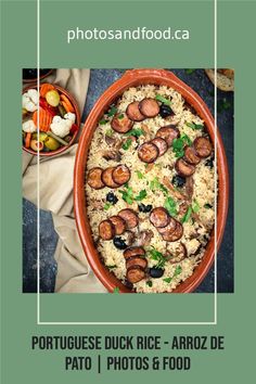 an image of food in a bowl with the words portuguese rice - arroz de pato