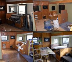 several pictures of the inside of a house with wood paneling and appliances in it