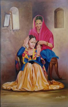 an oil painting of two women sitting on a chair and one is touching the other's hand