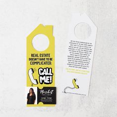 a yellow door hanger with an ad for cell me next to it on a white surface