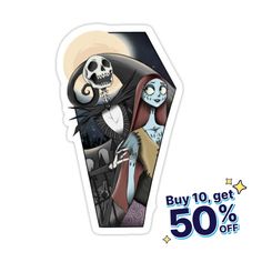 a sticker with the image of jack and sally from the animated movie, it's 50 % off