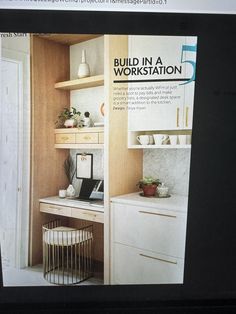 the front page of a magazine with an image of a desk and shelves in it