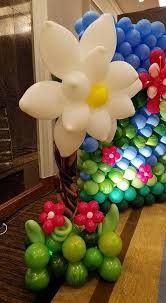 there is a basket with flowers on it and balloons in the shape of fish scales