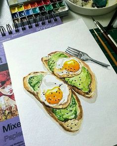 a drawing of two eggs and avocado on toast with a fork next to it