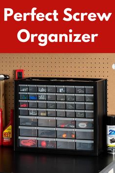 there is a shelf with many drawers on it and the words perfect screw organizer above it