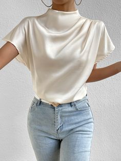 Albaricoque Elegante Collar manga corta Satén Liso Top Embellished No-Elástico Mock Neck Short Sleeve, Long Sleeve Tank Top, Women Blouses, Satin Blouse, Loose Shorts, High Point, Top Women, Batwing Sleeve