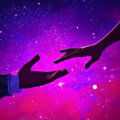 two hands reaching towards each other in front of a purple and blue background with stars