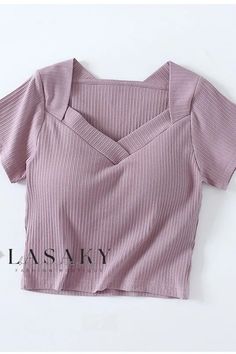 Lasaky - Stylish Womens Ribbed V-Neck Short-Sleeve Tee: Enhanced with Built-in High-Waist Cami for Elegant Layering Casual Purple Ribbed Top, Lavender Fitted V-neck Tops, Purple Ribbed Tops For Summer, Fitted Lavender Short Sleeve Top, Summer Ribbed Purple Tops, Purple Ribbed Summer Tops, Summer Purple Ribbed Tops, Spring Lavender V-neck Top, Purple V-neck Solid Color Top