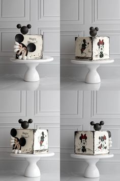 four different pictures of mickey mouse cakes on a cake stand, each with the same character