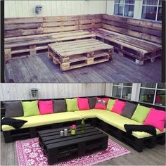 two pictures show different types of furniture made out of pallets and wooden pallets