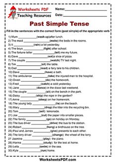 worksheet for past simple tense with the words in red and white on it