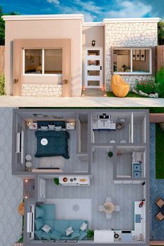 two pictures side by side of a house and the same floor plan with furniture in it