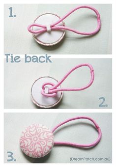 the instructions for how to tie a button hair tie with pink thread and white buttons