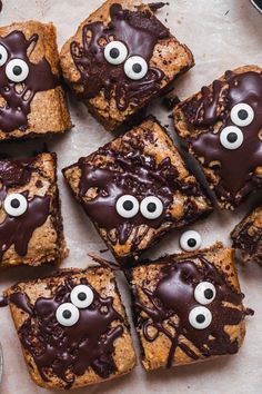 chocolate chip cookie bars with googly eyes on them