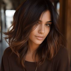 Dark Brown with Coppery Streaks Rich Brown Hair Color, Brown Hair Trends, Rich Brown Hair, Medium Hair Styles For Women, Short Dark Hair