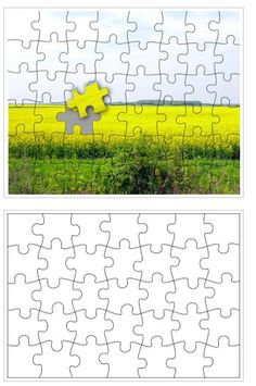 a puzzle piece with the missing pieces in front of a yellow canolat field