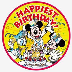 a mickey mouse birthday sticker with two cartoon characters