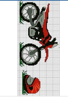 a cross stitch pattern with an image of a bird and motorcycle wheels on it's side