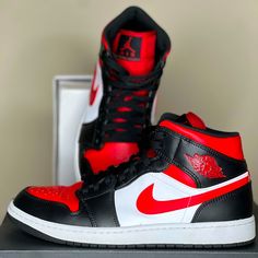 Air Jordan 1’s Mid For Sale. Male Size 10 / Women Size 11.5. Stock X, Nike And Other Retailers Sold For $228. I’m Selling It For $110 Flat. Honest Review It’s Been Worn Twice, It’s Clean, Fairly New, Little To No Crease, Box In Great Condition, Shoes Are Intact, No Marks Or Scratches. Air Jordan 1 Mid Black Fire Red, Jordan 1 Mid Fire Red, Noir Color, Cowboy Shoes, Jordan Red, Size 10 Women, Air Jordan 1 Mid, Jordans For Men, Jordan 1 Mid