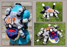 the stuffed animal spider is on display in three different pictures, including one with orange and blue stripes