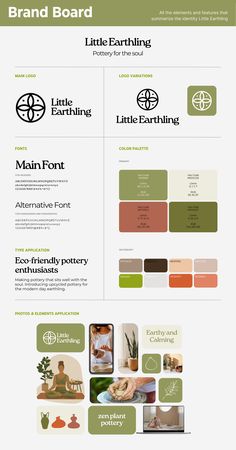 the brand board for little earthing is shown in green and brown tones, with different logos