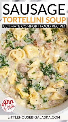 a bowl filled with tortellini soup and spinach on top of a white plate