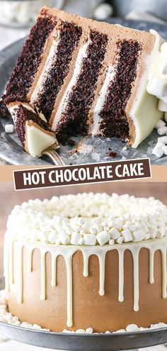 two different types of cake sitting on top of each other in front of a sign that says hot chocolate cake