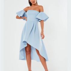 Bardot Scuba High Low Midi Dress Powder Blue Us Size 2 X13 Fitted Light Blue Midi Dress For Prom, Chic Light Blue Midi Dress For Prom, Katie Aesthetic, Powder Blue Dress, Celebrity Airport Style, Powder Blue Color, Bardot Style, High Low Midi Dress, Ribbed Maxi Dress