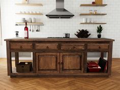 a kitchen island made out of wood with open shelves on the side and an oven above it