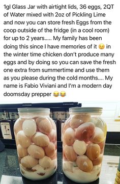 two jars filled with food sitting on top of a counter