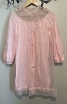 Sheer Night Gown, Pastel Pink Nightgown, Pink Sheer Coquette Sleepwear, Vintage Pink Nightgown, Long-sleeved Pink Vintage Robe, Vintage Sheer Pink Nightgown, Pink Chiffon, Romantic Evening, Chiffon Long Sleeve