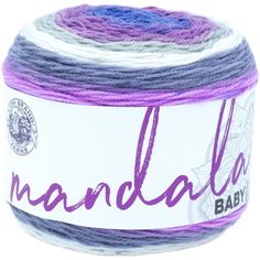 a ball of yarn with the word nandal written on it in purple and white