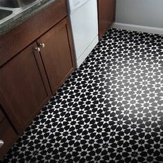 a black and white tiled floor in a kitchen