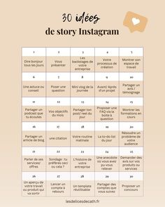 an info sheet with the words 30 ideas de story instagramm in french and english